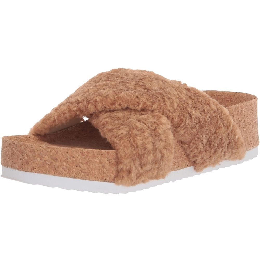 Chooka Women's Size 6 Annie Crossband Slide Sandal Tan‎ Fuzzy Slip On
